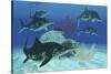 A Group of Large Ichthyosaurus Marine Reptiles Swimming in Prehistoric Waters-null-Stretched Canvas