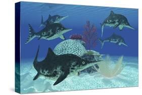 A Group of Large Ichthyosaurus Marine Reptiles Swimming in Prehistoric Waters-null-Stretched Canvas