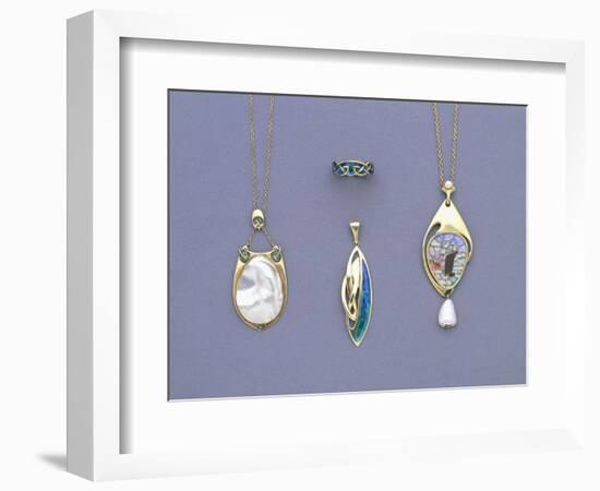 A Group of Liberty and Co Yellow Metal and Enamel Pendants and a Ring Designed by Archibald Knox-Giovanni Bigatti-Framed Giclee Print