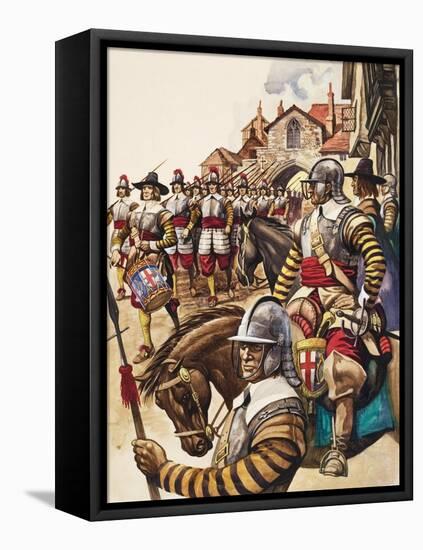 A Group of Pikemen of the New Model Army March into Battle Led by a Drummer-Peter Jackson-Framed Stretched Canvas