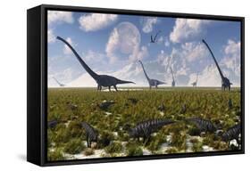 A Group of Sauropod and Hadrosaur Dinosaur Herds Grazing-null-Framed Stretched Canvas