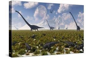 A Group of Sauropod and Hadrosaur Dinosaur Herds Grazing-null-Stretched Canvas