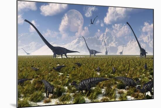 A Group of Sauropod and Hadrosaur Dinosaur Herds Grazing-null-Mounted Art Print