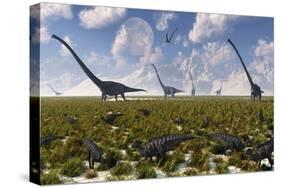 A Group of Sauropod and Hadrosaur Dinosaur Herds Grazing-null-Stretched Canvas