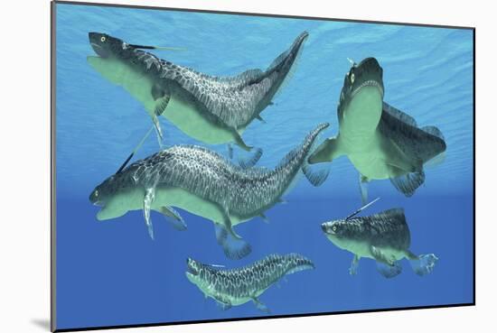 A Group of Xenacanthus Prehistoric Sharks-null-Mounted Art Print