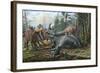 A Group of Young Hypacrosaurus Approach a Couple Rubeosaurus Relaxing in the Woods-null-Framed Premium Giclee Print