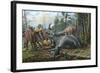 A Group of Young Hypacrosaurus Approach a Couple Rubeosaurus Relaxing in the Woods-null-Framed Art Print