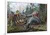 A Group of Young Hypacrosaurus Approach a Couple Rubeosaurus Relaxing in the Woods-null-Framed Art Print