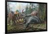 A Group of Young Hypacrosaurus Approach a Couple Rubeosaurus Relaxing in the Woods-null-Framed Art Print