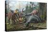 A Group of Young Hypacrosaurus Approach a Couple Rubeosaurus Relaxing in the Woods-null-Stretched Canvas