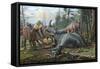 A Group of Young Hypacrosaurus Approach a Couple Rubeosaurus Relaxing in the Woods-null-Framed Stretched Canvas