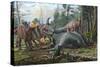 A Group of Young Hypacrosaurus Approach a Couple Rubeosaurus Relaxing in the Woods-null-Stretched Canvas