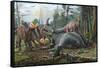 A Group of Young Hypacrosaurus Approach a Couple Rubeosaurus Relaxing in the Woods-null-Framed Stretched Canvas