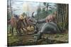 A Group of Young Hypacrosaurus Approach a Couple Rubeosaurus Relaxing in the Woods-null-Stretched Canvas