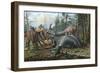 A Group of Young Hypacrosaurus Approach a Couple Rubeosaurus Relaxing in the Woods-null-Framed Art Print