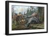 A Group of Young Hypacrosaurus Approach a Couple Rubeosaurus Relaxing in the Woods-null-Framed Art Print