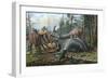 A Group of Young Hypacrosaurus Approach a Couple Rubeosaurus Relaxing in the Woods-null-Framed Art Print