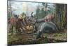 A Group of Young Hypacrosaurus Approach a Couple Rubeosaurus Relaxing in the Woods-null-Mounted Art Print