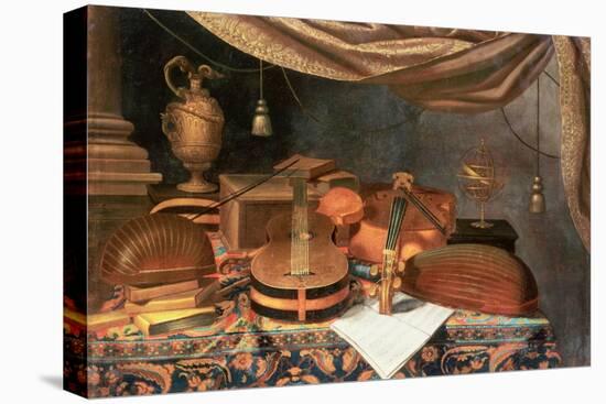 A Guitar, a Cello, Lutes, a Musical Score and Other Books and an Armillary Globe on a Draped Table,-Evaristo Baschenis-Stretched Canvas