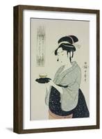 A Half Length Portrait of Naniwaya Okita, the Famous Teahouse Waitress Serving a Cup of Tea-Kitagawa Utamaro-Framed Giclee Print