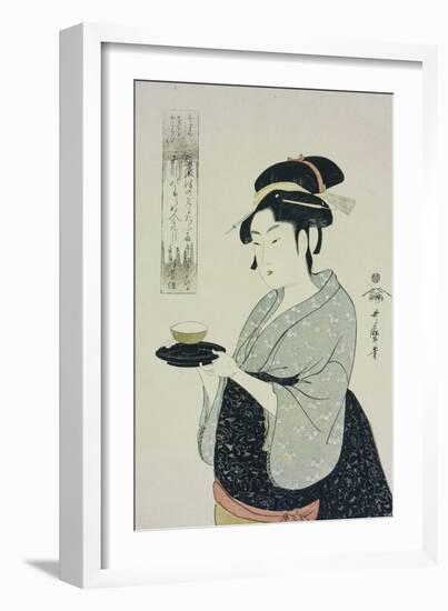 A Half Length Portrait of Naniwaya Okita, the Famous Teahouse Waitress Serving a Cup of Tea-Kitagawa Utamaro-Framed Giclee Print