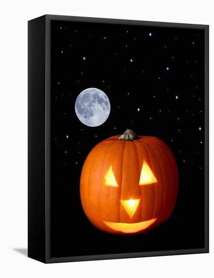 A Halloween Pumpkin with Moon and Stars in Background-Steven Morris-Framed Stretched Canvas