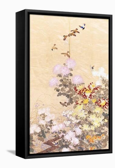 A Hanging of Gold Lame, Embroidered in Silks with Finches Perched Amongst Pink, Yellow and White…-null-Framed Stretched Canvas