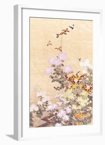 A Hanging of Gold Lame, Embroidered in Silks with Finches Perched Amongst Pink, Yellow and White…-null-Framed Giclee Print
