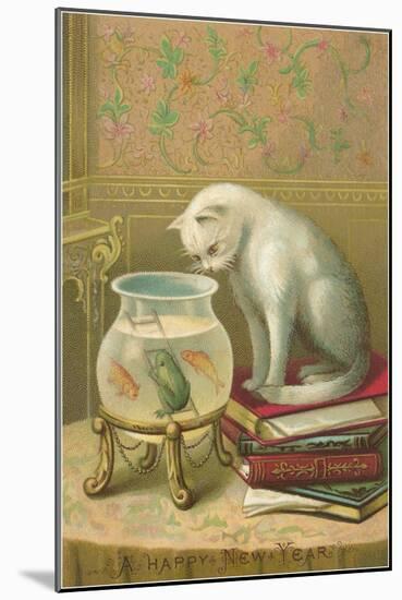 A Happy New Year, Cat Watching Frog and Fish in Bowl-null-Mounted Art Print