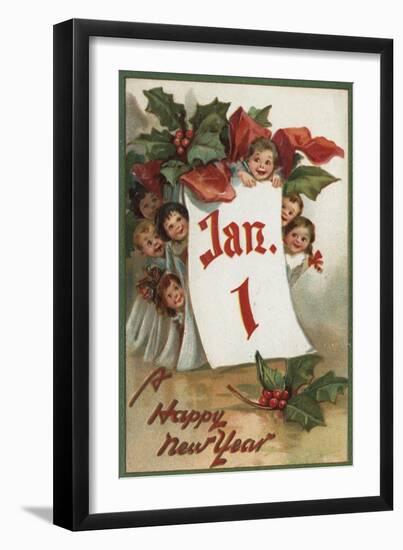 A Happy New Year - Group of Kids Hiding Behind Calendar-Lantern Press-Framed Art Print