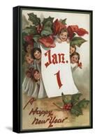 A Happy New Year - Group of Kids Hiding Behind Calendar-Lantern Press-Framed Stretched Canvas