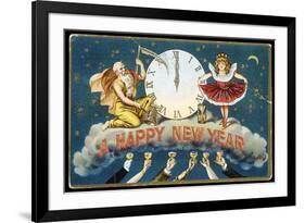 A Happy New Year Postcard with Father Time and a Young Girl-null-Framed Giclee Print