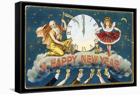 A Happy New Year Postcard with Father Time and a Young Girl-null-Framed Stretched Canvas