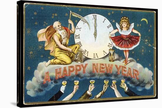A Happy New Year Postcard with Father Time and a Young Girl-null-Stretched Canvas