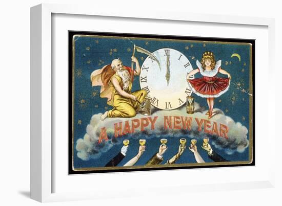 A Happy New Year Postcard with Father Time and a Young Girl-null-Framed Giclee Print