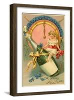 A Happy New Year, Victorian Girl on Champagne Bottle-null-Framed Art Print