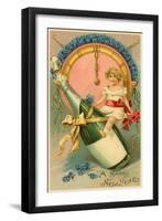 A Happy New Year, Victorian Girl on Champagne Bottle-null-Framed Art Print