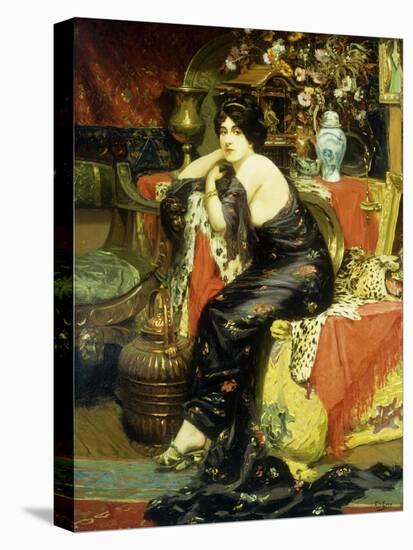 A Harem Beauty Seated on a Leopard Skin-Frederic Louis Leve-Stretched Canvas