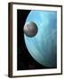 A Heavily Cratered Moon in Orbit around a Water Covered Planet-null-Framed Art Print