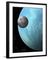 A Heavily Cratered Moon in Orbit around a Water Covered Planet-null-Framed Art Print