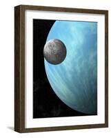 A Heavily Cratered Moon in Orbit around a Water Covered Planet-null-Framed Art Print