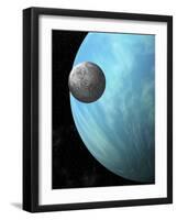 A Heavily Cratered Moon in Orbit around a Water Covered Planet-null-Framed Art Print