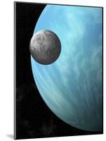 A Heavily Cratered Moon in Orbit around a Water Covered Planet-null-Mounted Art Print