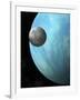 A Heavily Cratered Moon in Orbit around a Water Covered Planet-null-Framed Art Print