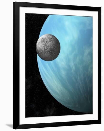 A Heavily Cratered Moon in Orbit around a Water Covered Planet-null-Framed Art Print