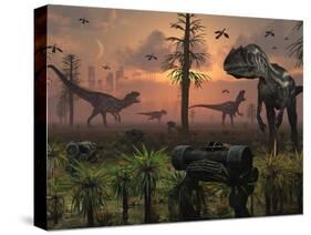 A Herd of Allosaurus Dinosaur Cause Chaos-Stocktrek Images-Stretched Canvas