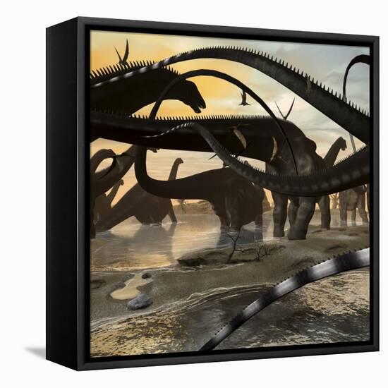A Herd of Argentinosaurus Marching Along the Side of a Beach-Stocktrek Images-Framed Stretched Canvas