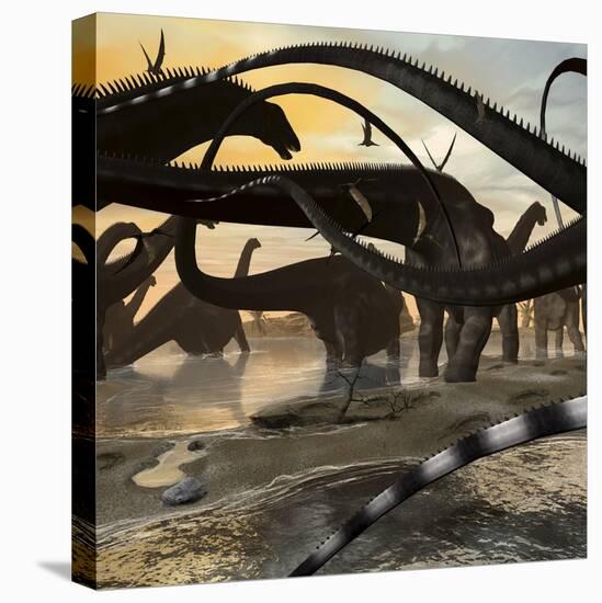 A Herd of Argentinosaurus Marching Along the Side of a Beach-Stocktrek Images-Stretched Canvas