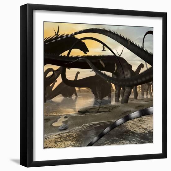 A Herd of Argentinosaurus Marching Along the Side of a Beach-Stocktrek Images-Framed Art Print