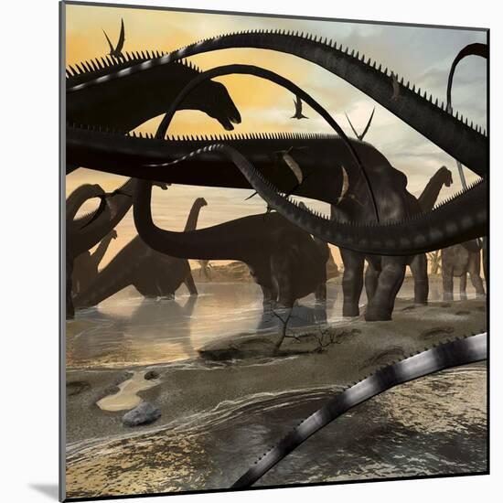A Herd of Argentinosaurus Marching Along the Side of a Beach-Stocktrek Images-Mounted Art Print